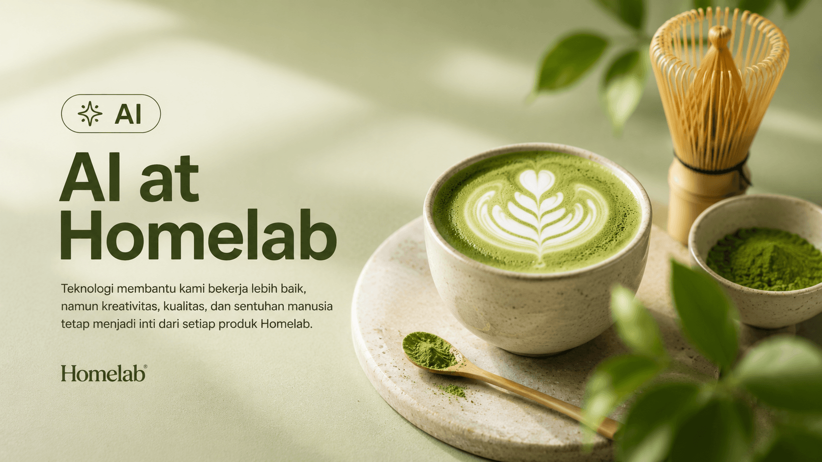 AI at Homelab dengan matcha latte, chasen, dan bubuk matcha