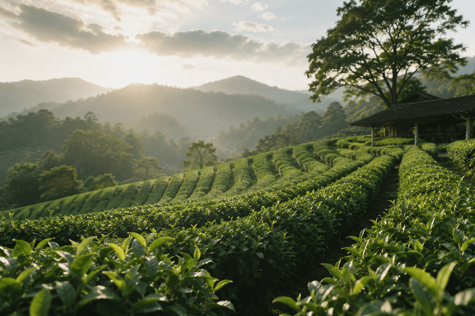 Sunrise over green tea fields with soft morning light