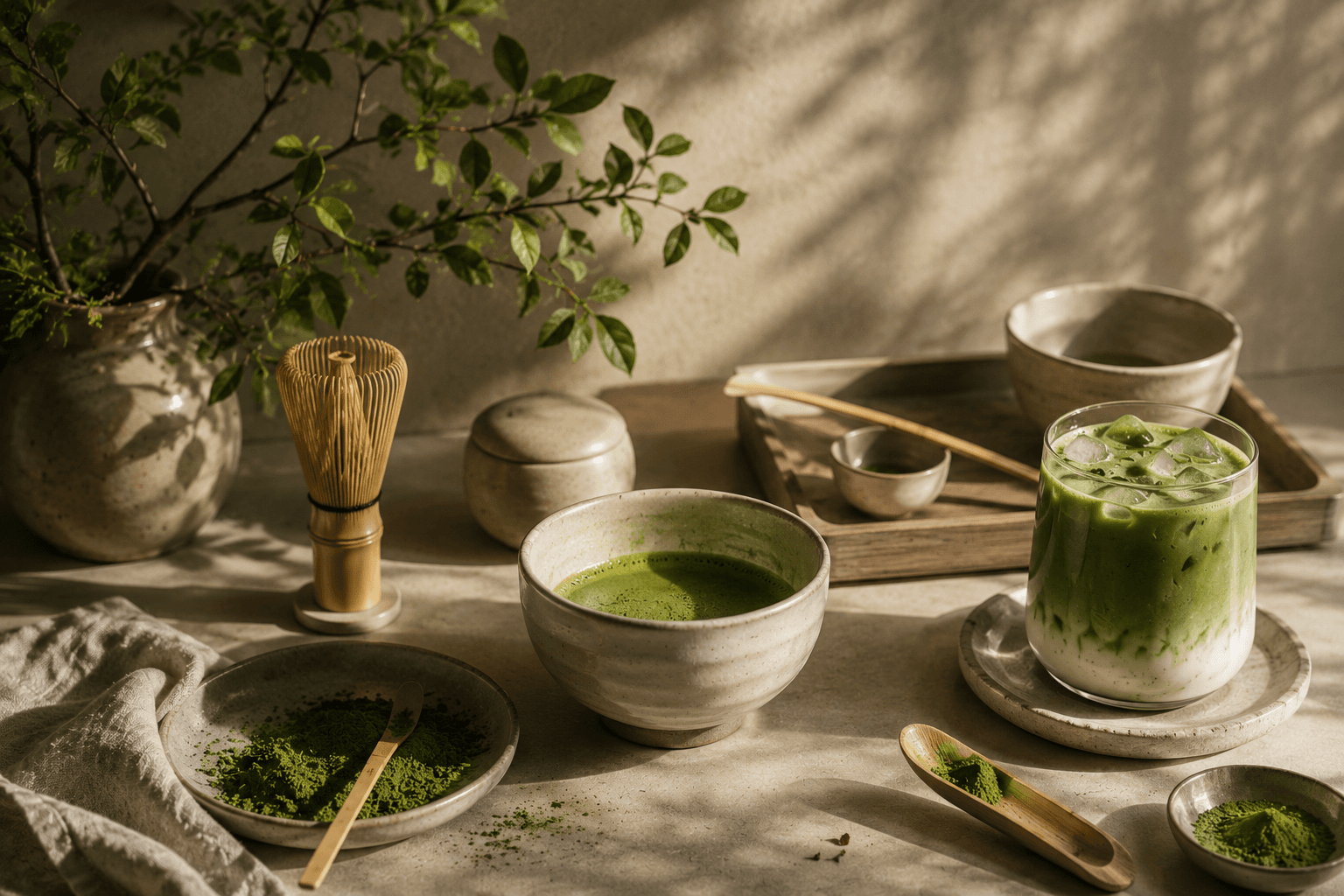 Semangkuk ceremonial matcha, iced matcha latte, chasen bambu, dan bubuk matcha di atas meja ritual yang hangat