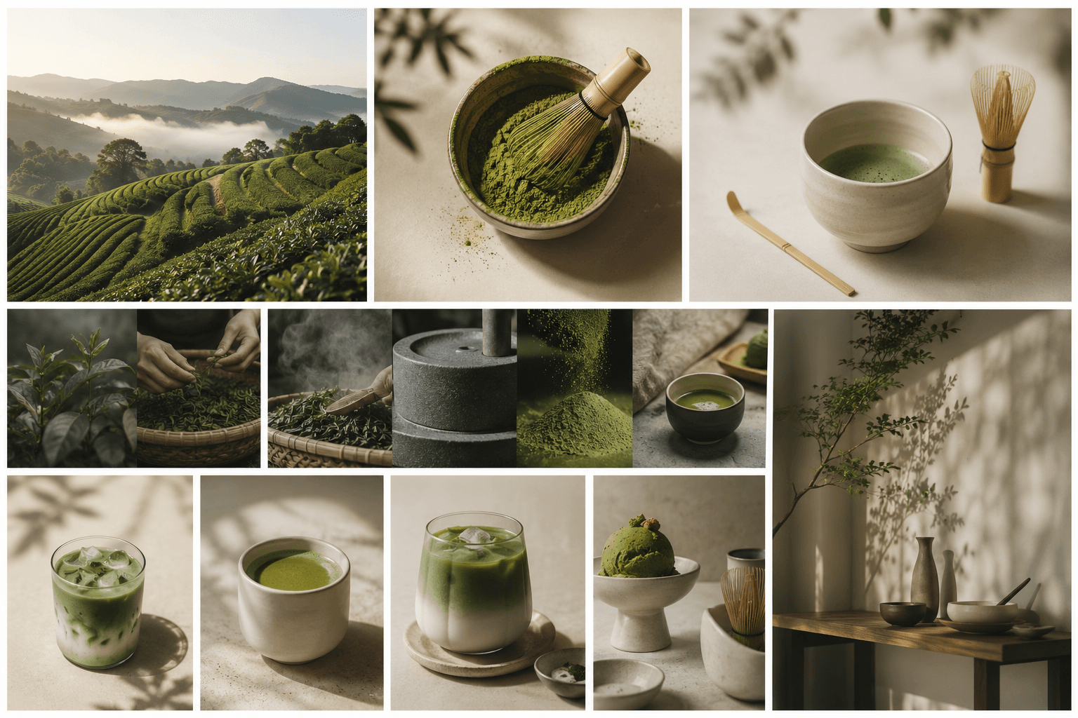 Homelab matcha ritual collage with tea fields, matcha powder, bamboo whisk, bowls, and iced matcha latte